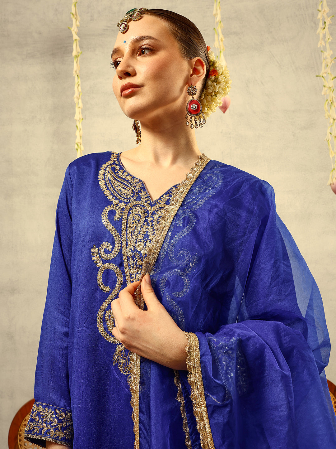 Ishin Royal Blue Cording & Zari Embroidered  Festive Kurta with Trouser & Organza Dupatta