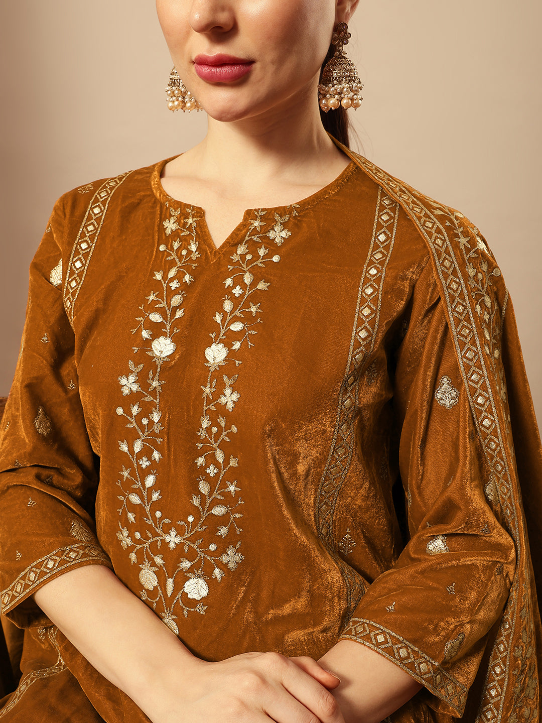 Rich Gold Velvet Gold Print Straight Kurta sets with dupatta