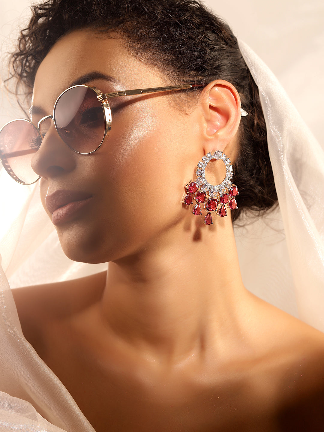 Red Colour Silver Plated AD Jewellery Set