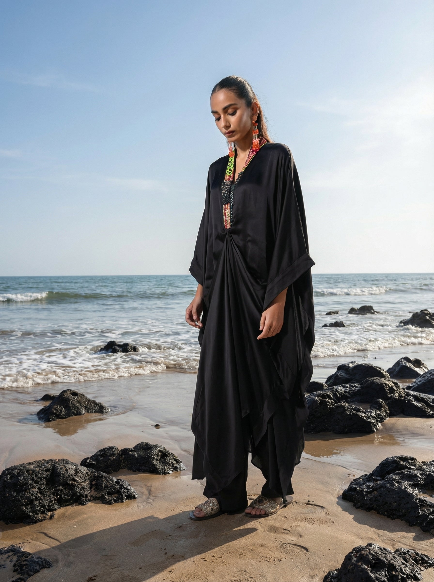 Rich Black Embroidered  Drape Kaftan set