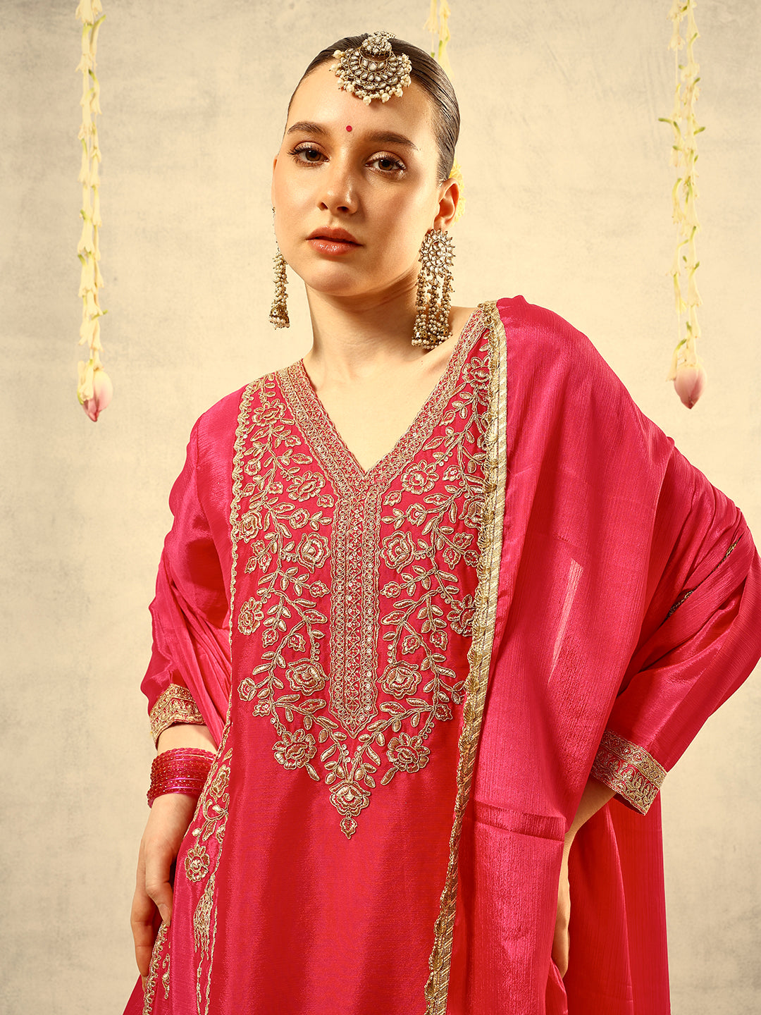 Ishin Pink Cording & Zari Embroidered  Festive Kurta with Sharara & Embellished Dupatta
