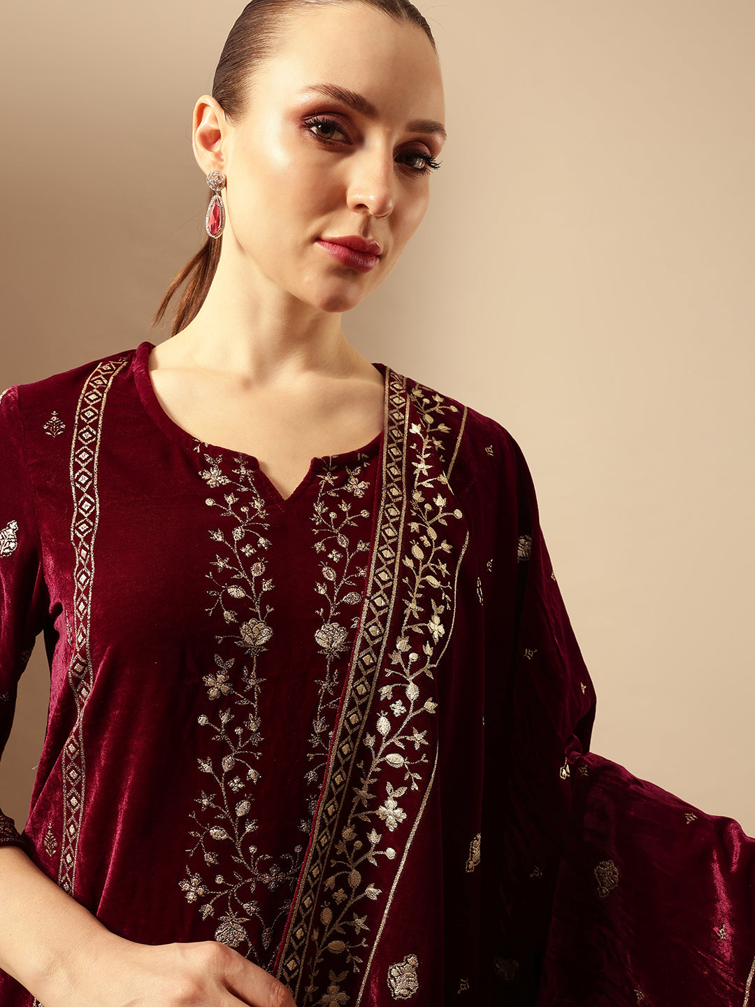 Rich Wine Velvet Gold Print Straight Kurta sets with dupatta