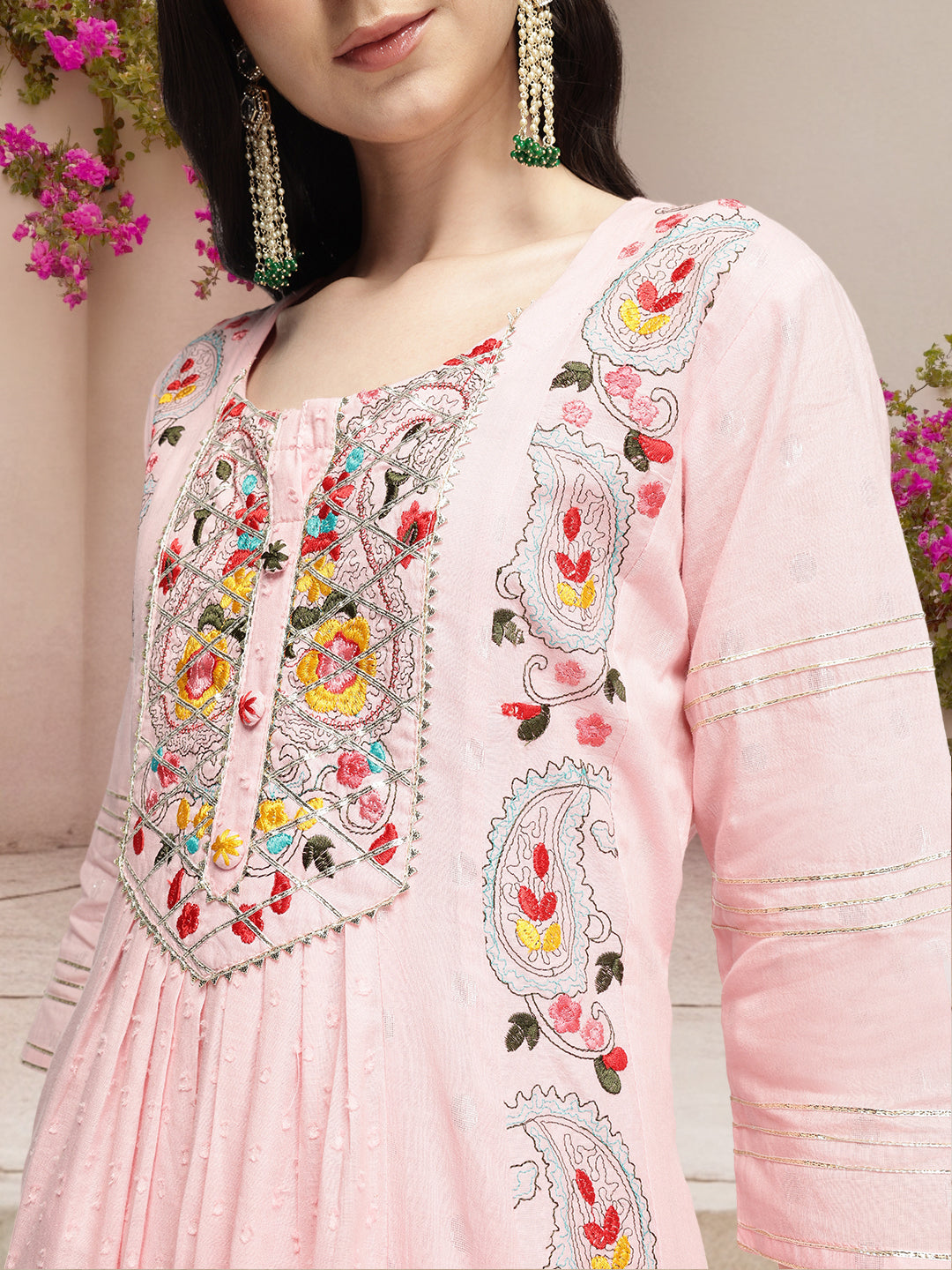 Graceful Pink  Cotton Dobby Embroidered A-line Kurta Set  with tasseled dupatta