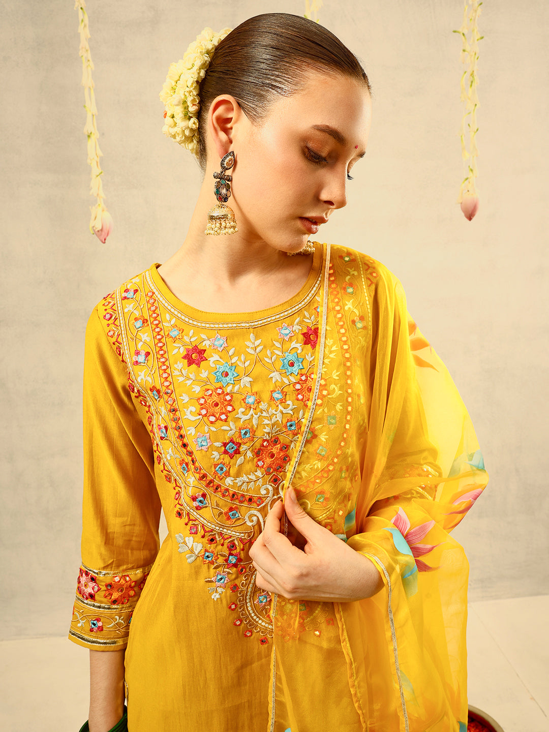 Mustard Mirror & Thread Embroidered  Festive Kurta with Trouser & hand painted Dupatta