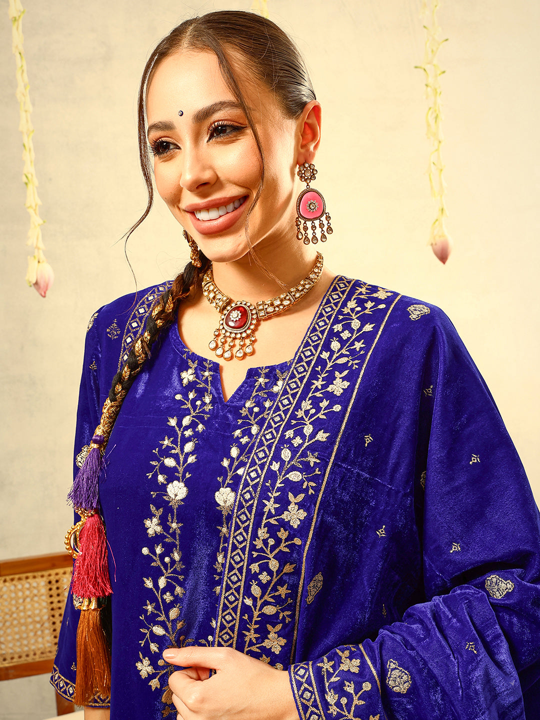 Royal Blue Gold Print Festive Kurta with Trouser & Velvet Dupatta