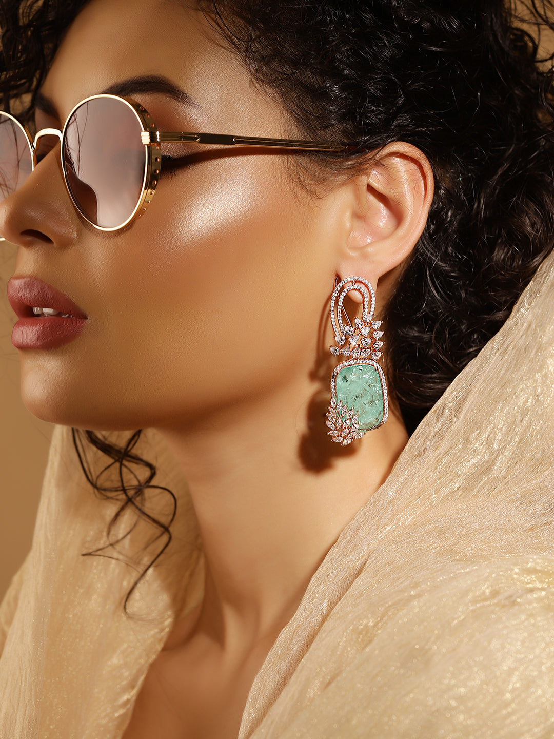 Green Colour Silver Plated AD Drop Earring