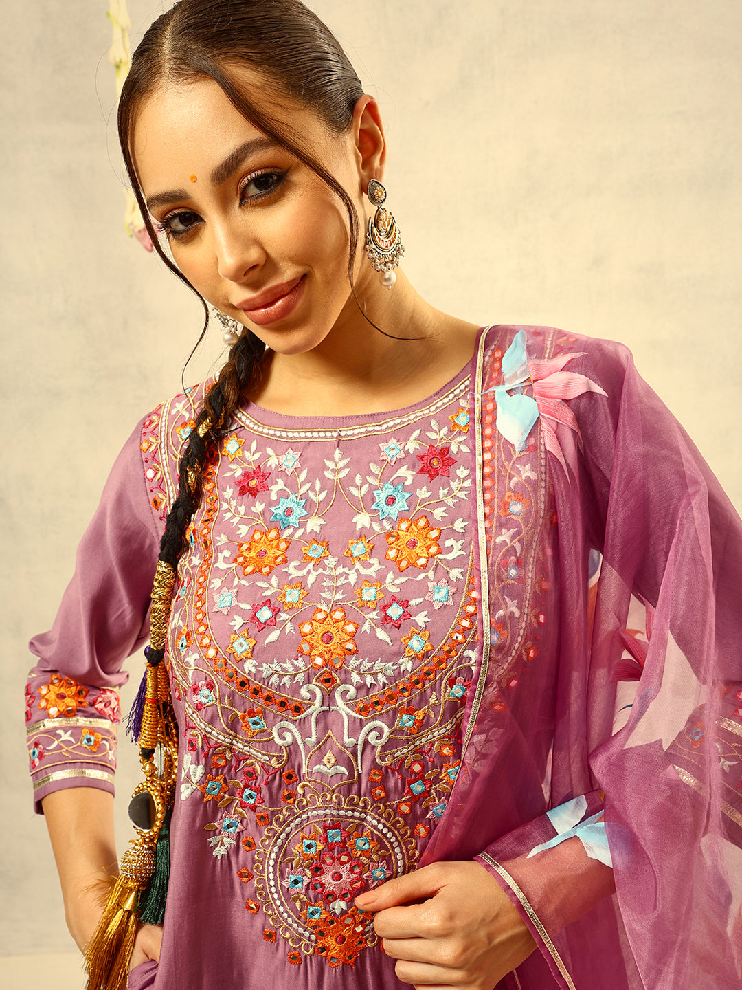 Purple Mirror & Thread Embroidered  Festive Kurta with Trouser & hand painted Dupatta