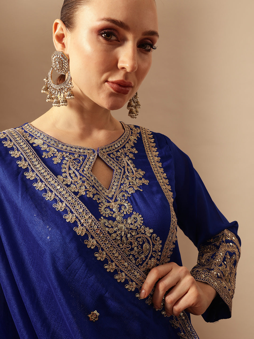 Rich Royal Blue Embroidered Kurta set with organza dupatta