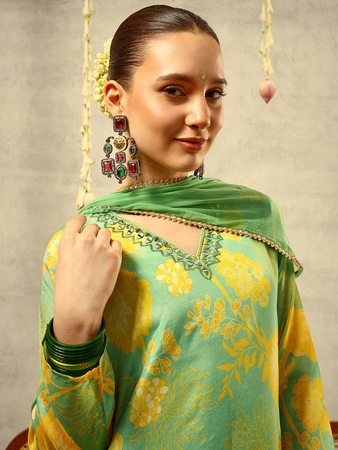 Green Digital Floral Printed & Mirror Embroidered Straight Kurta with Trouser & Dupatta