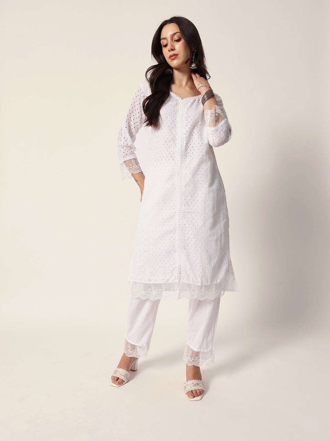 Comfy White Cotton shiffly Straight Fit kurta set