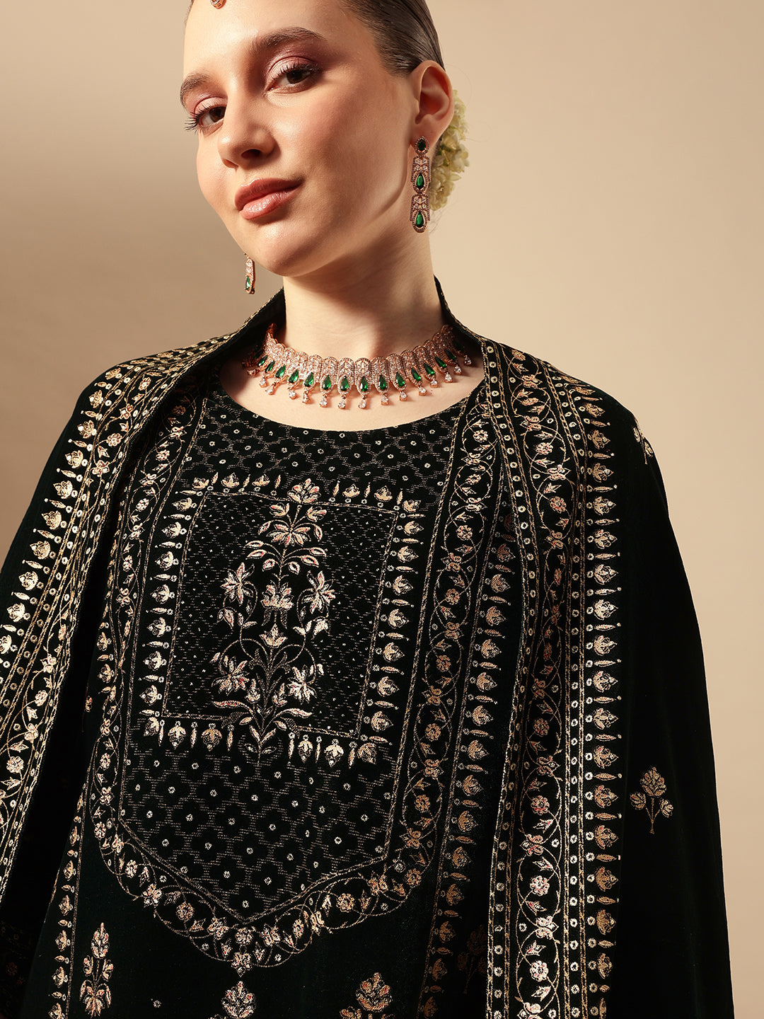 Rich Green Velvet Gold Print Straight Kurta sets with dupatta