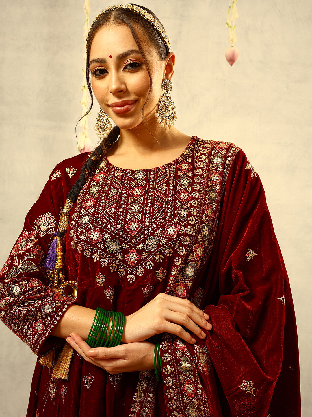 Ishin Maroon Gold Printed Anarkali Festive Kurta with Trouser & Velvet Dupatta