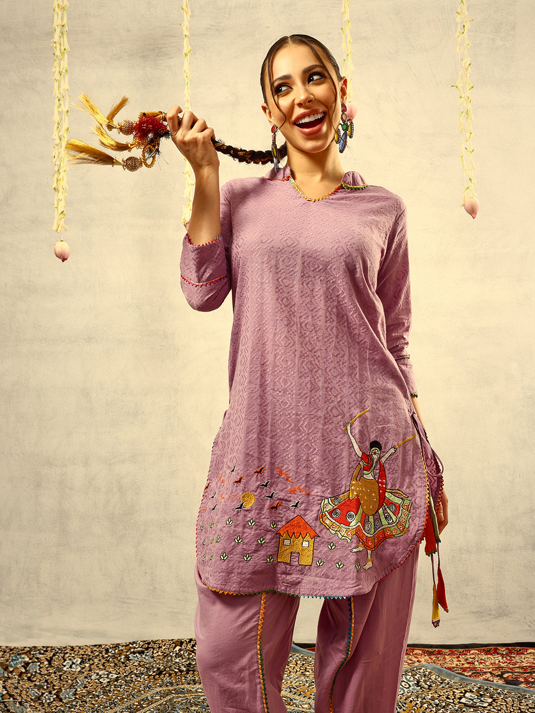 Purple Bohemian Thread Embroidered Kurta with Dhoti Pants