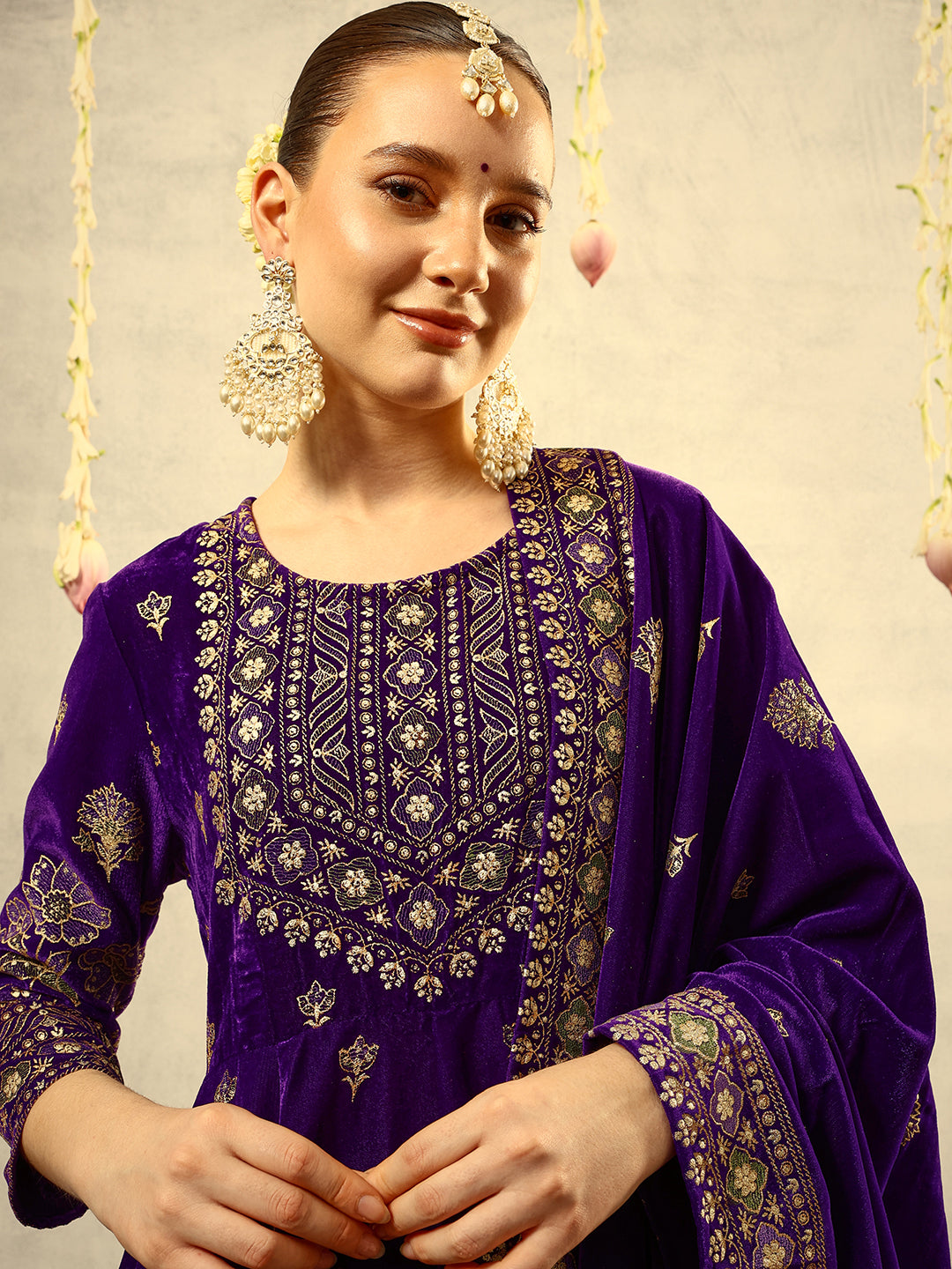 Ishin Purple Gold Printed Anarkali Festive Kurta with Trouser & Velvet Dupatta
