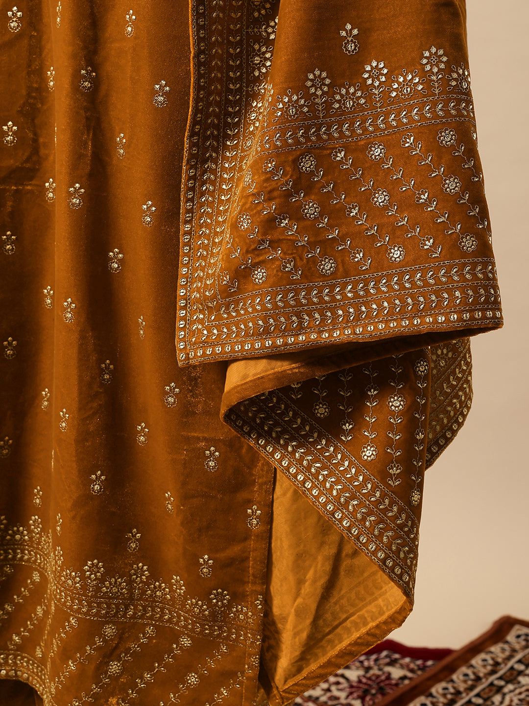 Rich Gold Velvet Gold Print Straight Kurta sets with dupatta