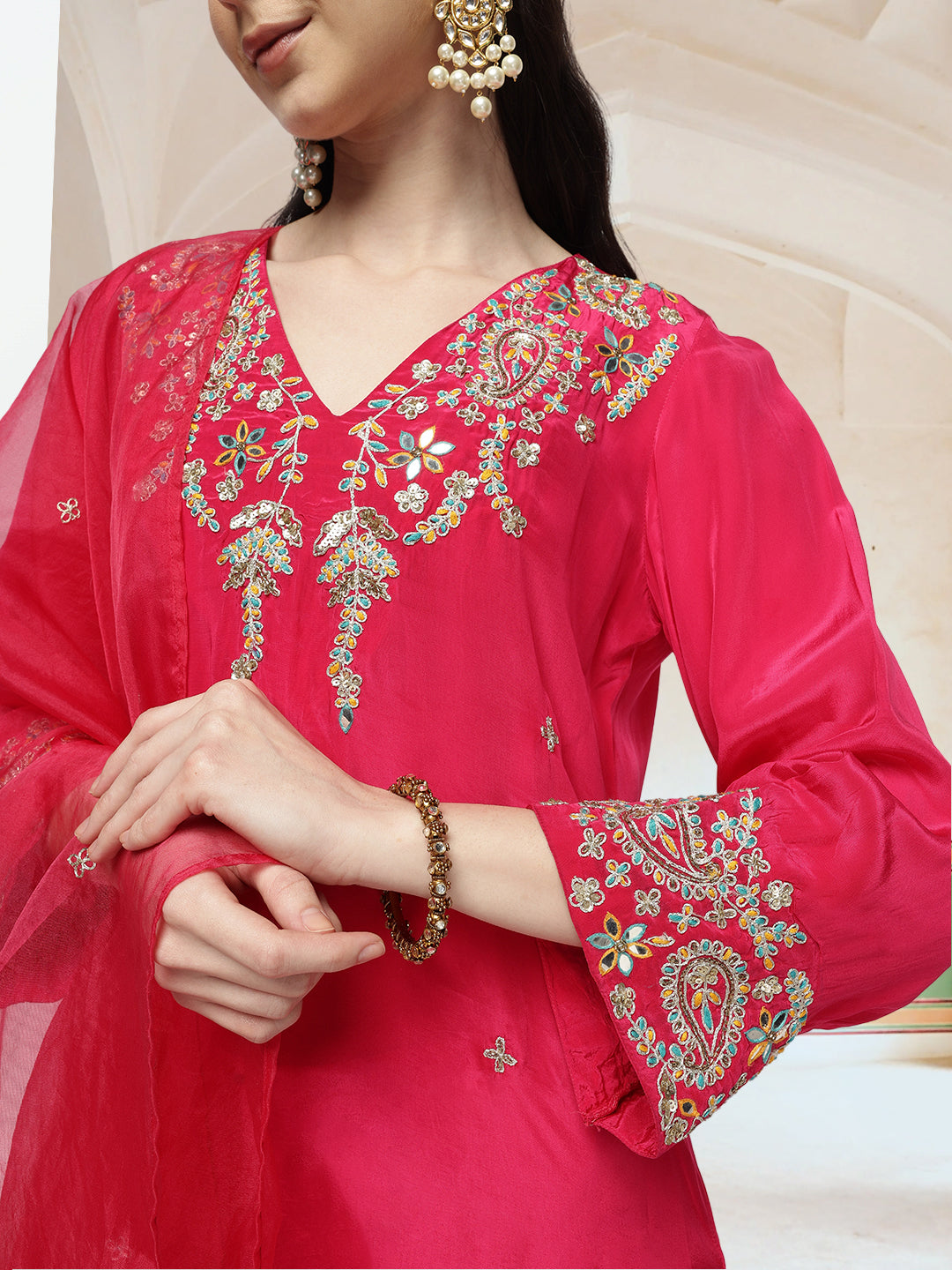 Graceful Pink Chinon Zari Embroidered Straight Fit  Kurta Set with scallop detailed dupatta