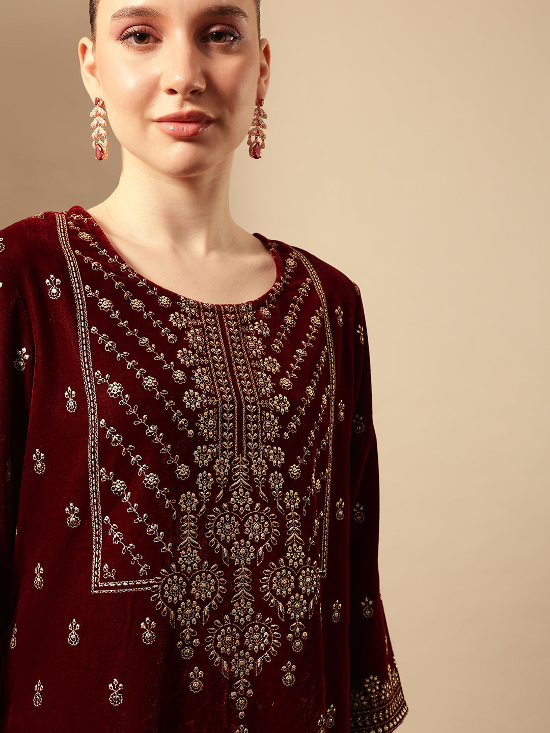 Rich Maroon Velvet Gold Print Straight Kurta sets with dupatta