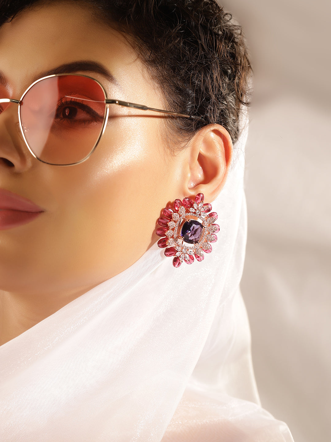 Emethyst Colour Rose Gold Plated AD Studs Earring