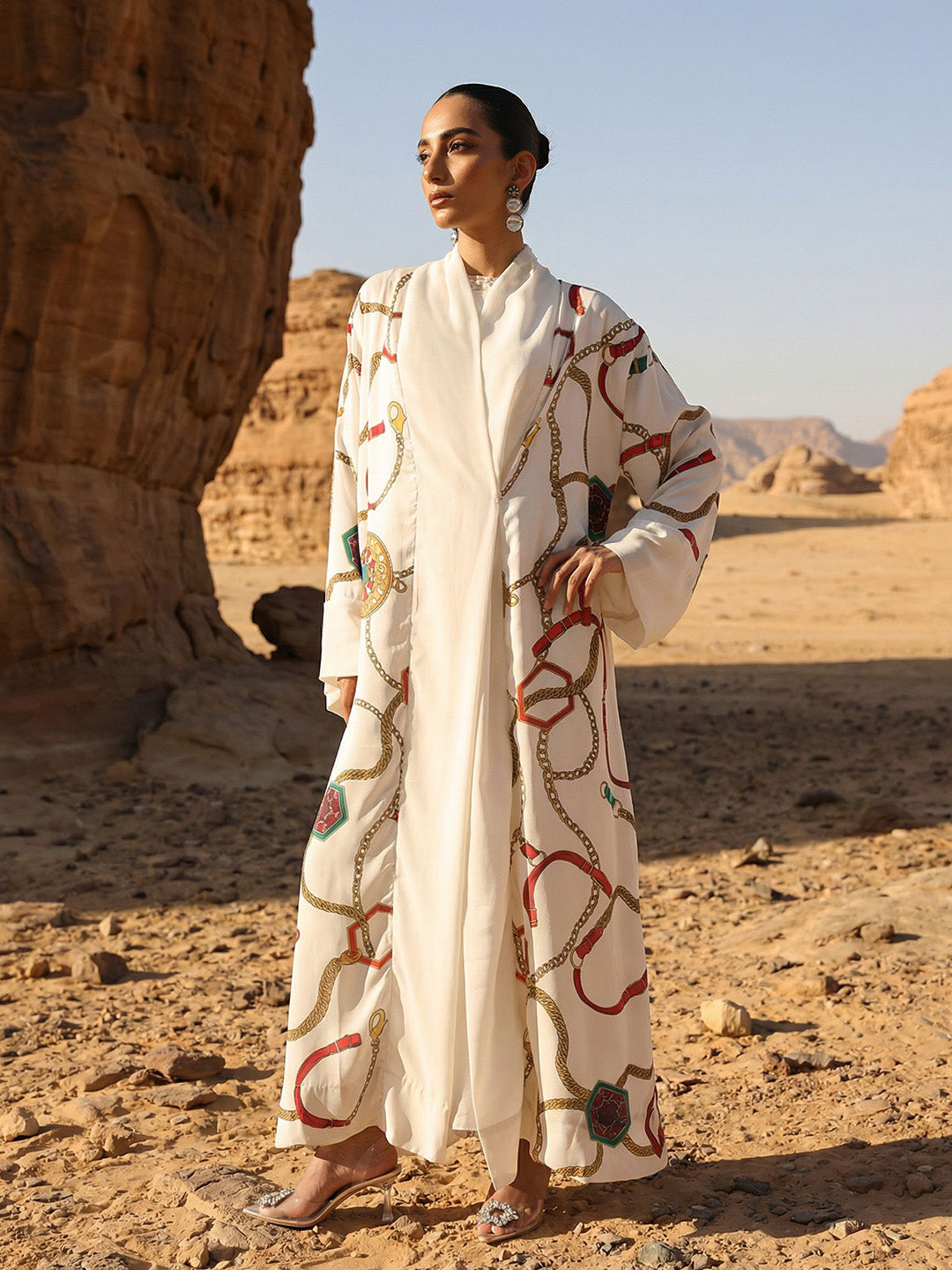 Rich Printed Woven Longline Offwhite Abaya with Hijab