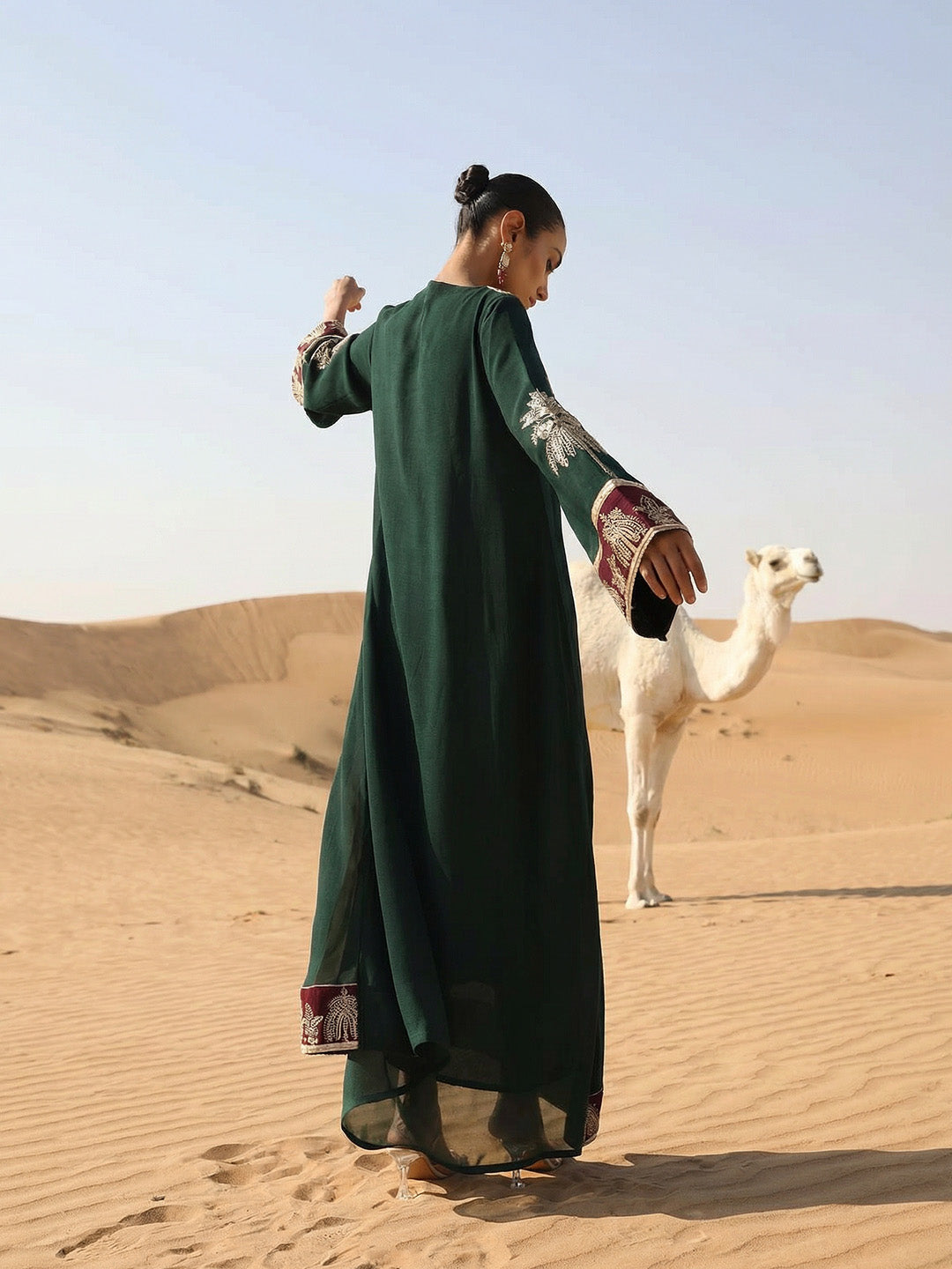 Rich Embroidered Woven Green Abaya