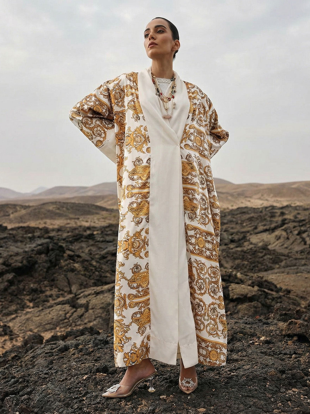 Rich Printed Woven Longline Offwhite Abaya with Hijab