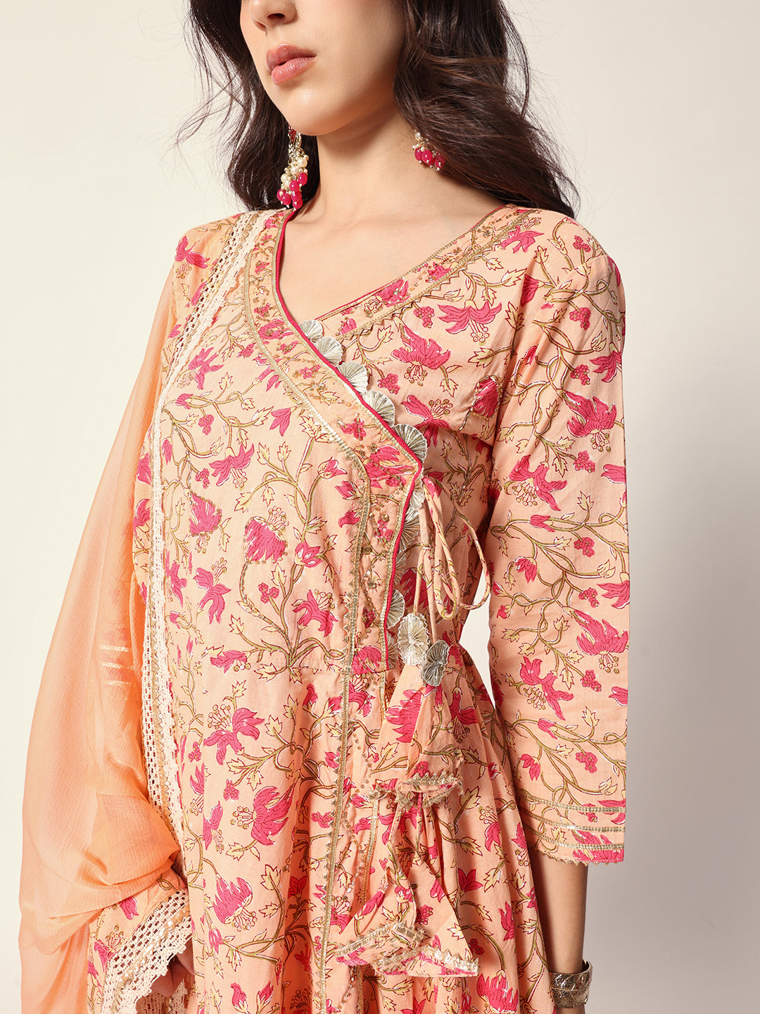 Graceful Peach cotton floral printed angrakha fit kurta set with dupatta