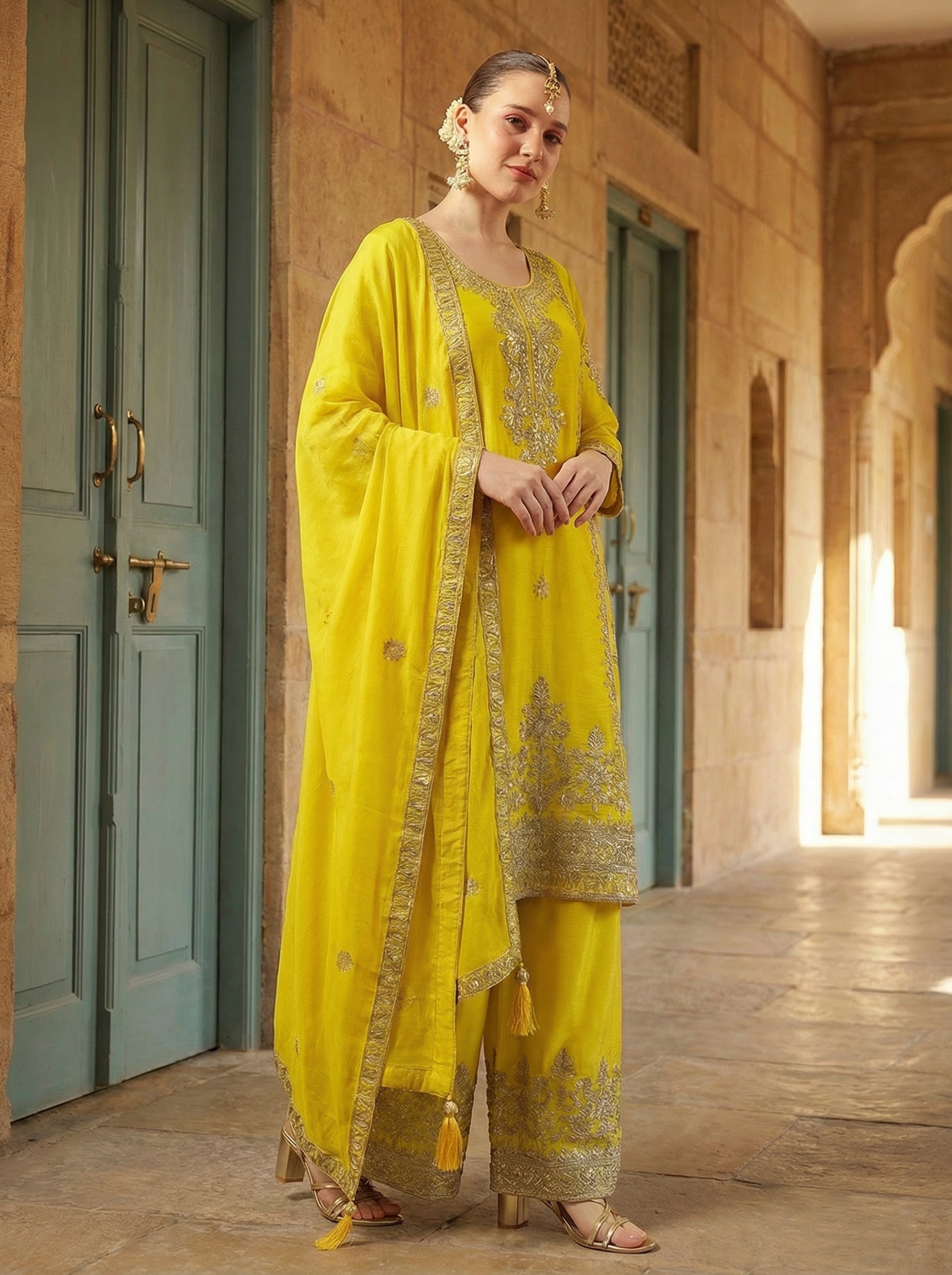 Rich Yellow Embroidered Straight Kurta sets