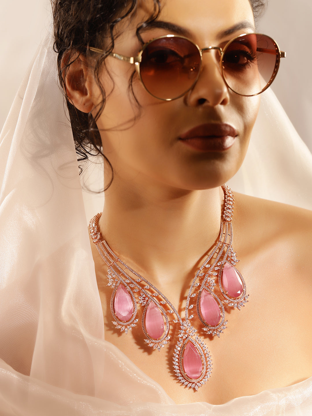 Pink Colour Silver Plated AD Jewellery Set