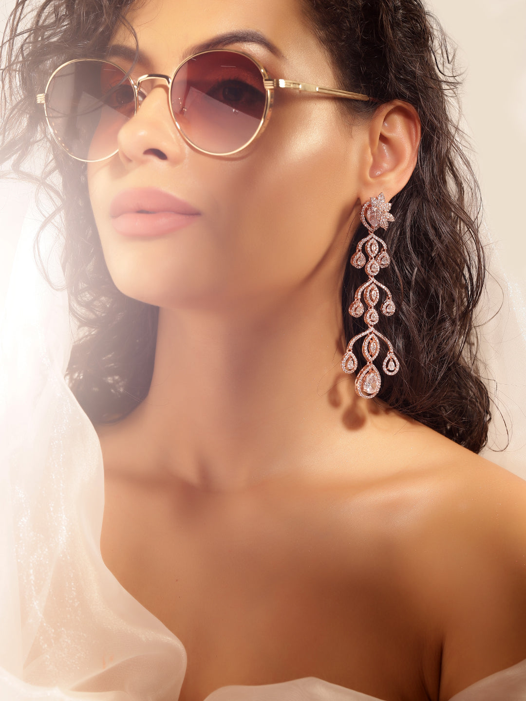 White Colour Rose Gold Plated AD Drop Earring