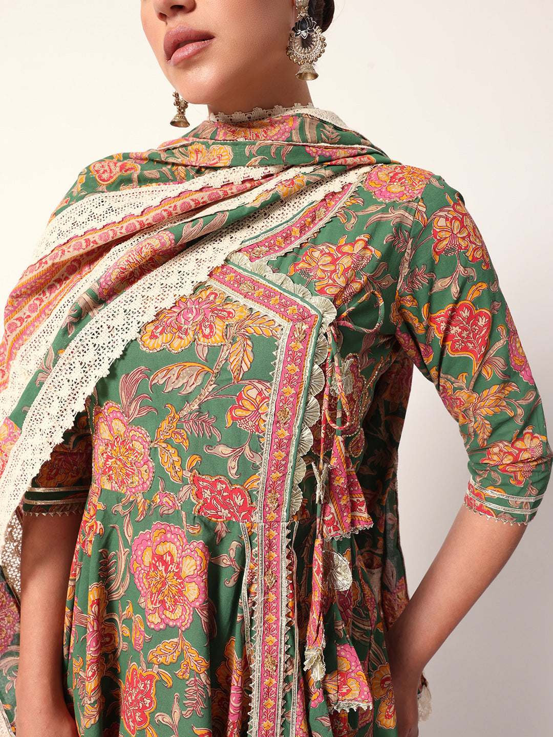 Graceful green cotton floral printed angrakha fit kurta set with dupatta