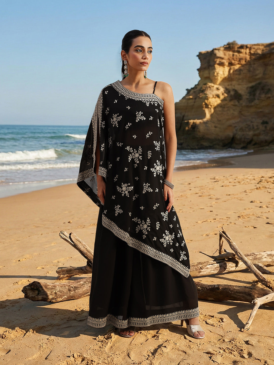 Rich Chinon Embroidered Black Embroidered A Line Co-Ords ShararaBottom