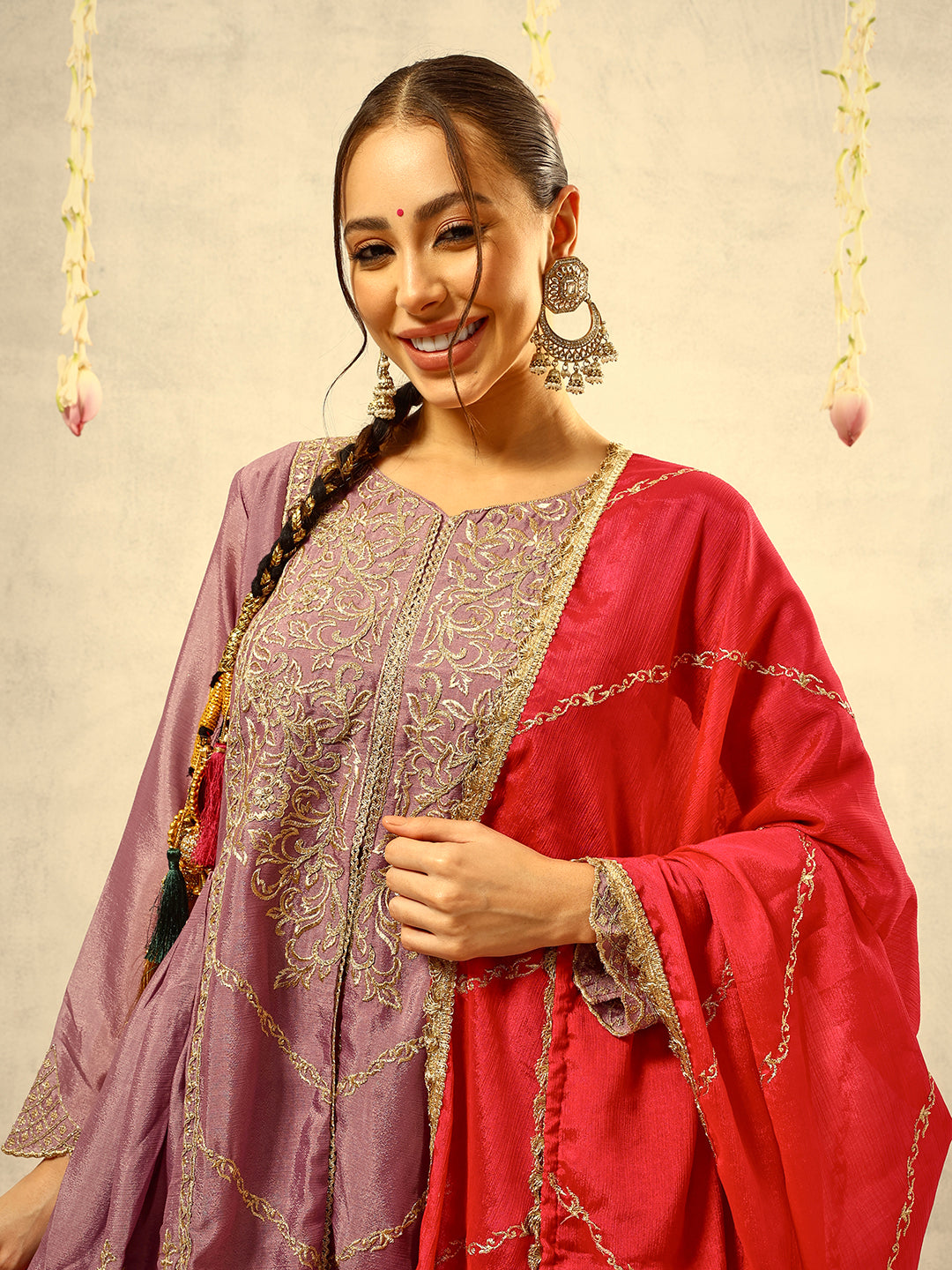 Ishin Purple Cording & Zari Embroidered  Festive Kurta with Sharara & Embellished Dupatta