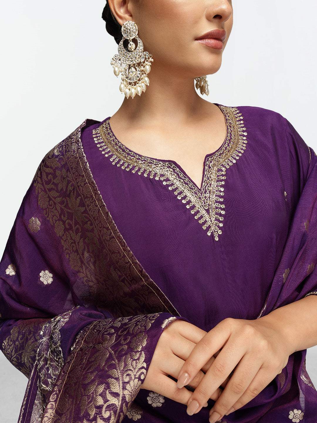 Rich Purple Poly Silk Zari Embroidered Straight Fit Kurta Set with Brocade Dupatta