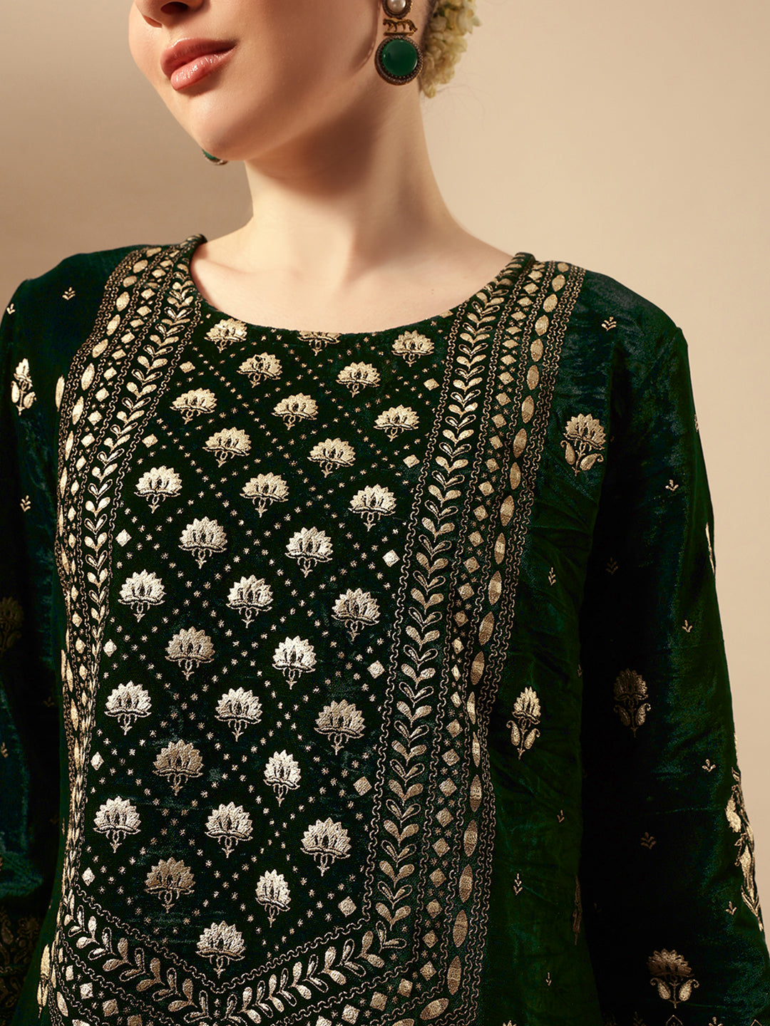 Rich Dark Green Velvet Gold Print Straight Kurta sets with dupatta