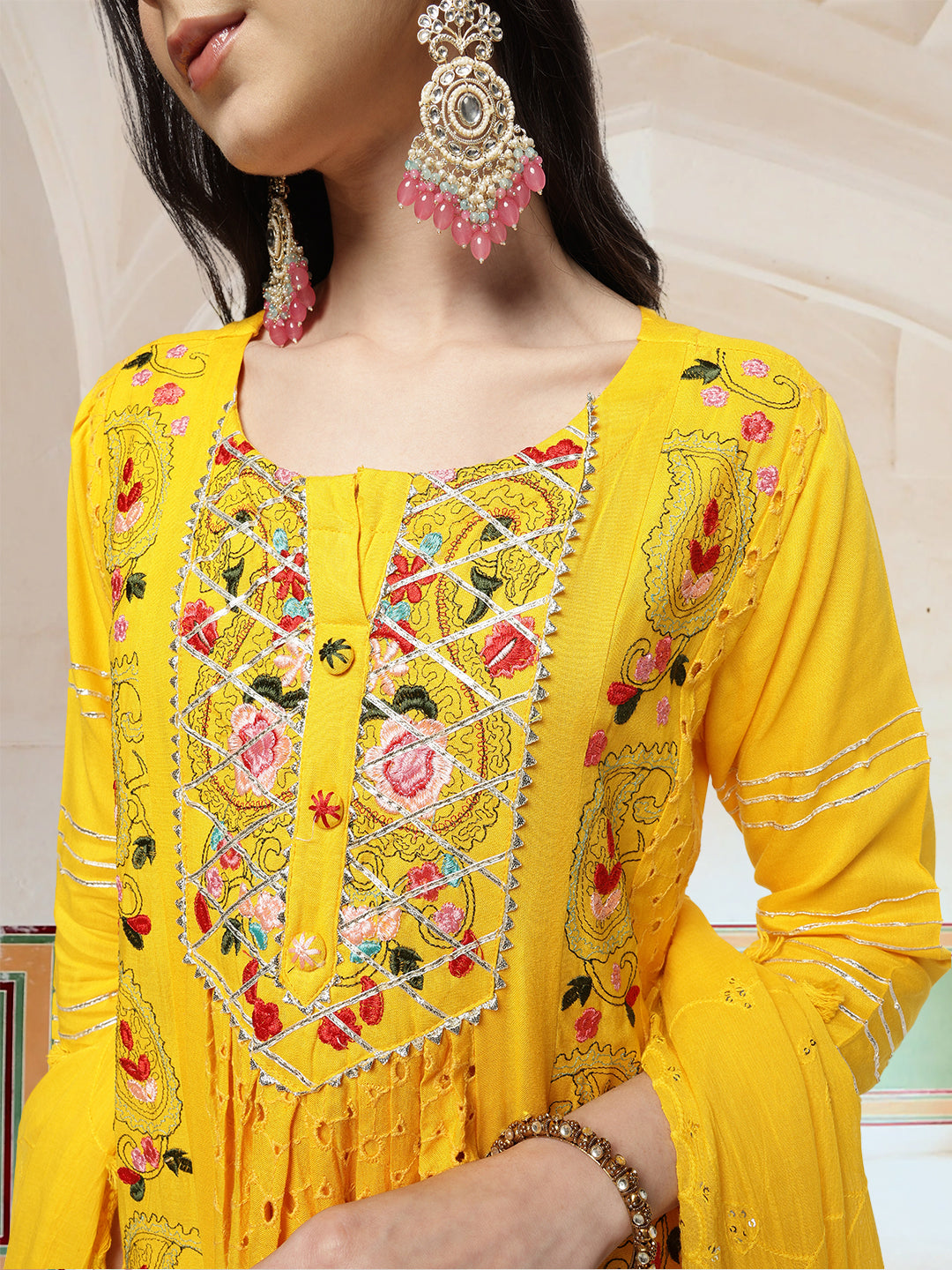 Graceful Yellow Rayon Schiffli Embroidered A-line Kurta Set with dupatta