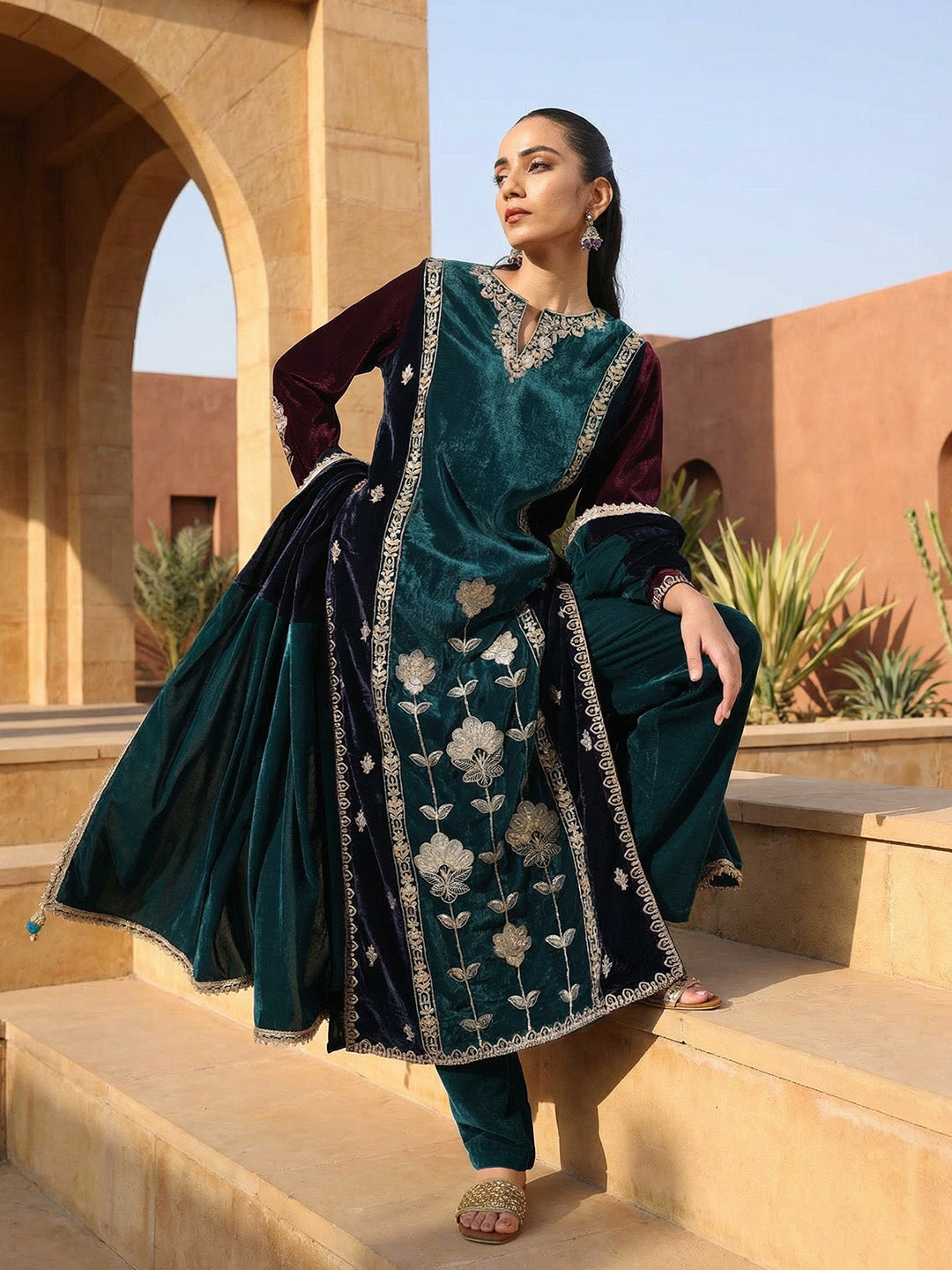 Rich Teal Embroidered Straight Fit Kurta Sets In Velvet
