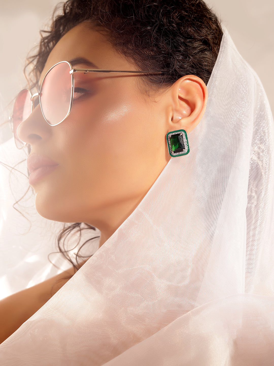 Green Colour Silver Plated AD Studs Earring