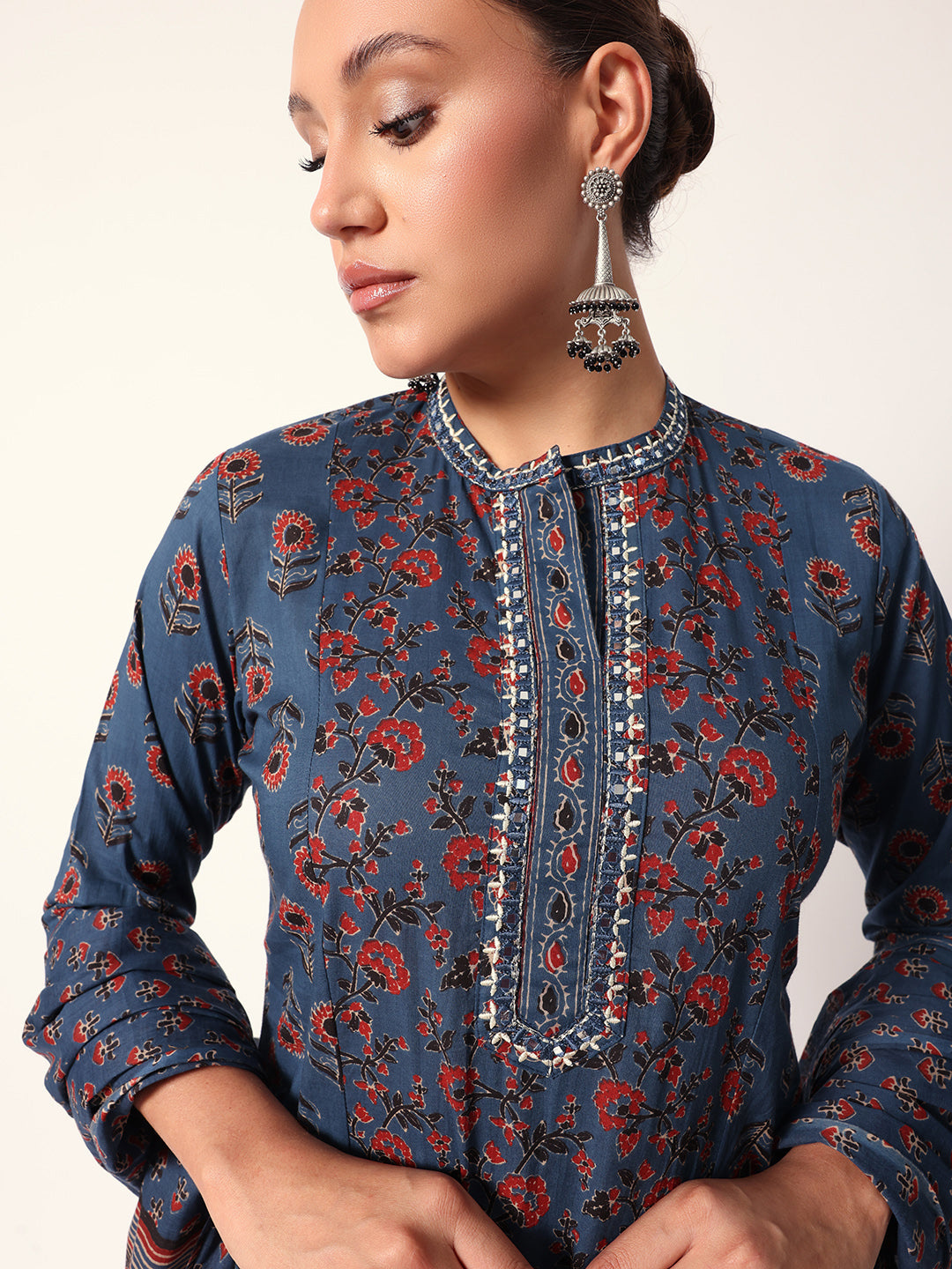 Comfy Blue Cotton floral printed Aline Fit kurta set with dupatta