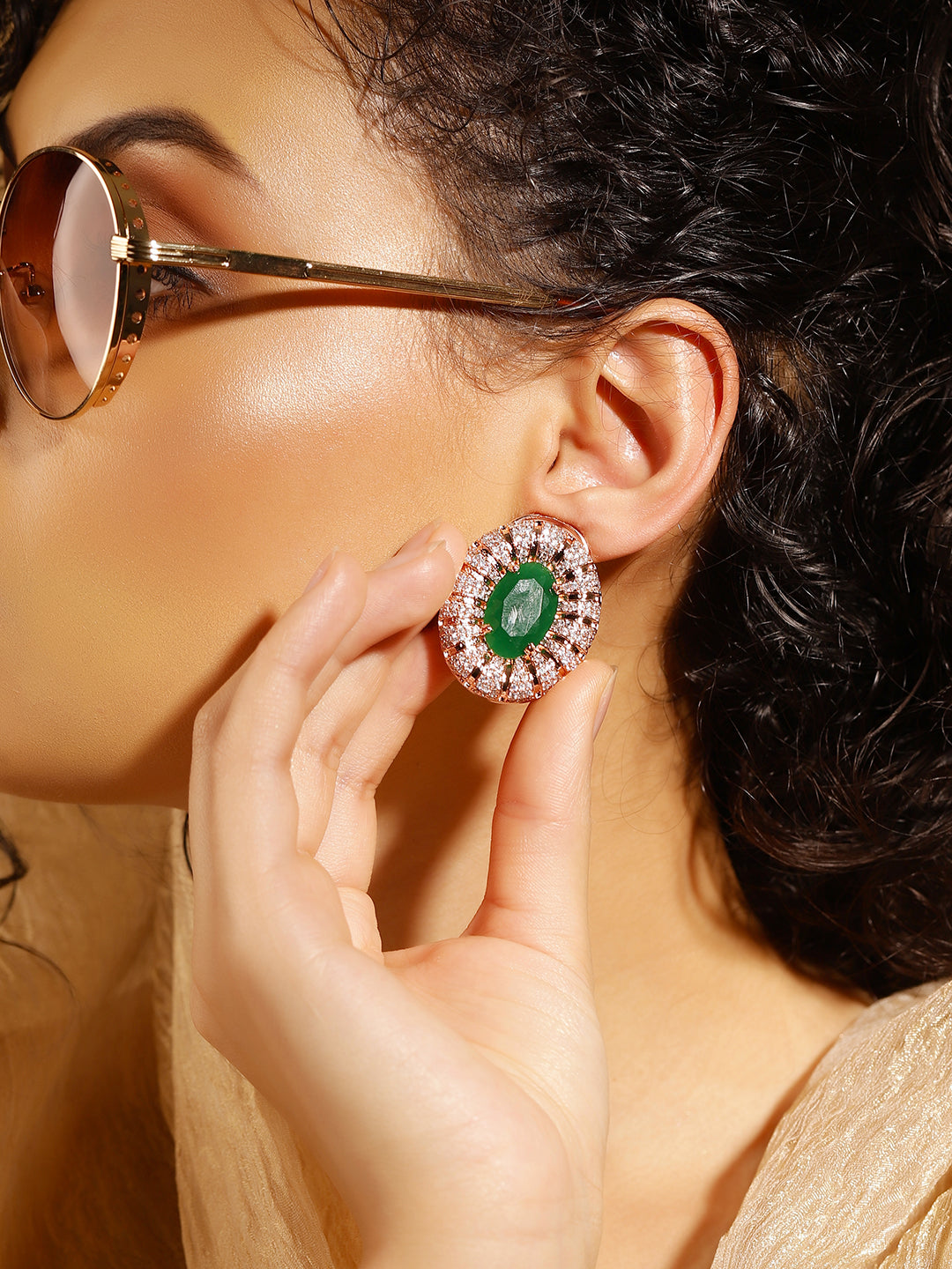 Green Colour Rose Gold Plated AD Studs Earring