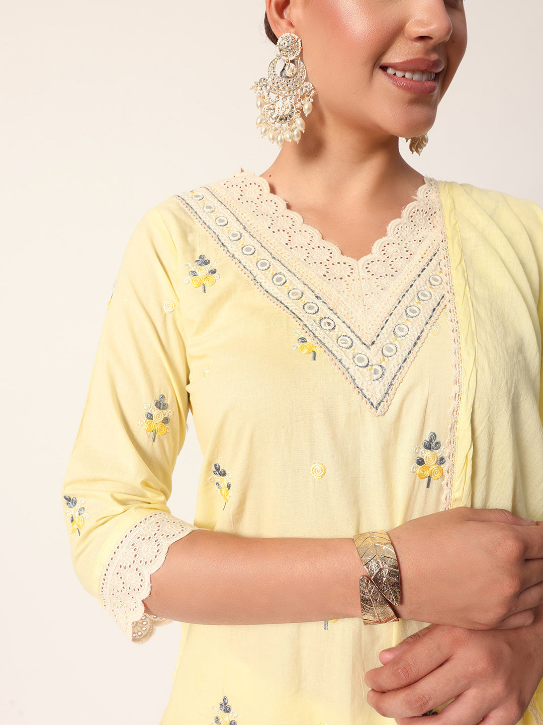 Comfy Yellow cotton embroidered shiffly scalloping straight fit kurta set with dupatta