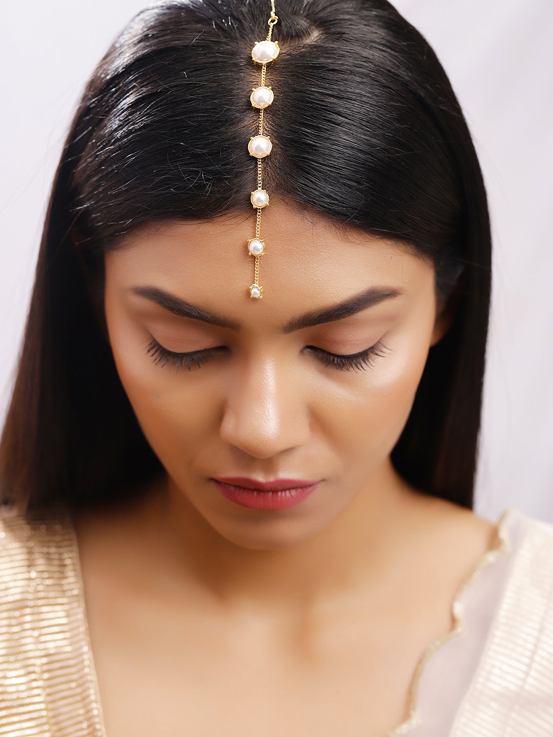 WhiteColour Gold Plated Pearl Mangtika