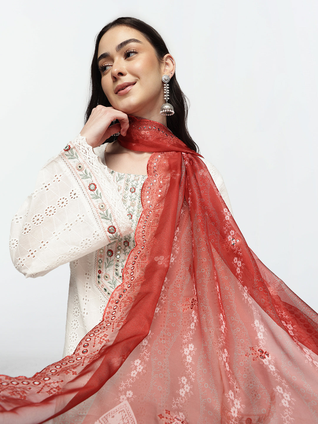 Graceful OffWhite shiffly floral embroidery straight fit kurta set with dupatta