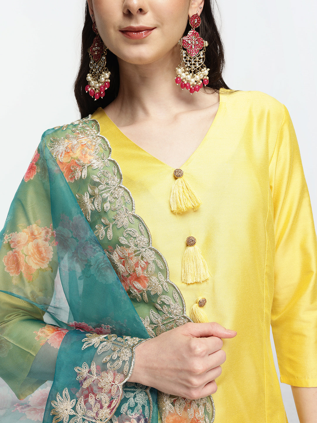 Graceful Yellow  Poly Silk Zari Embroidered A-line Kurta Set with statement dupatta