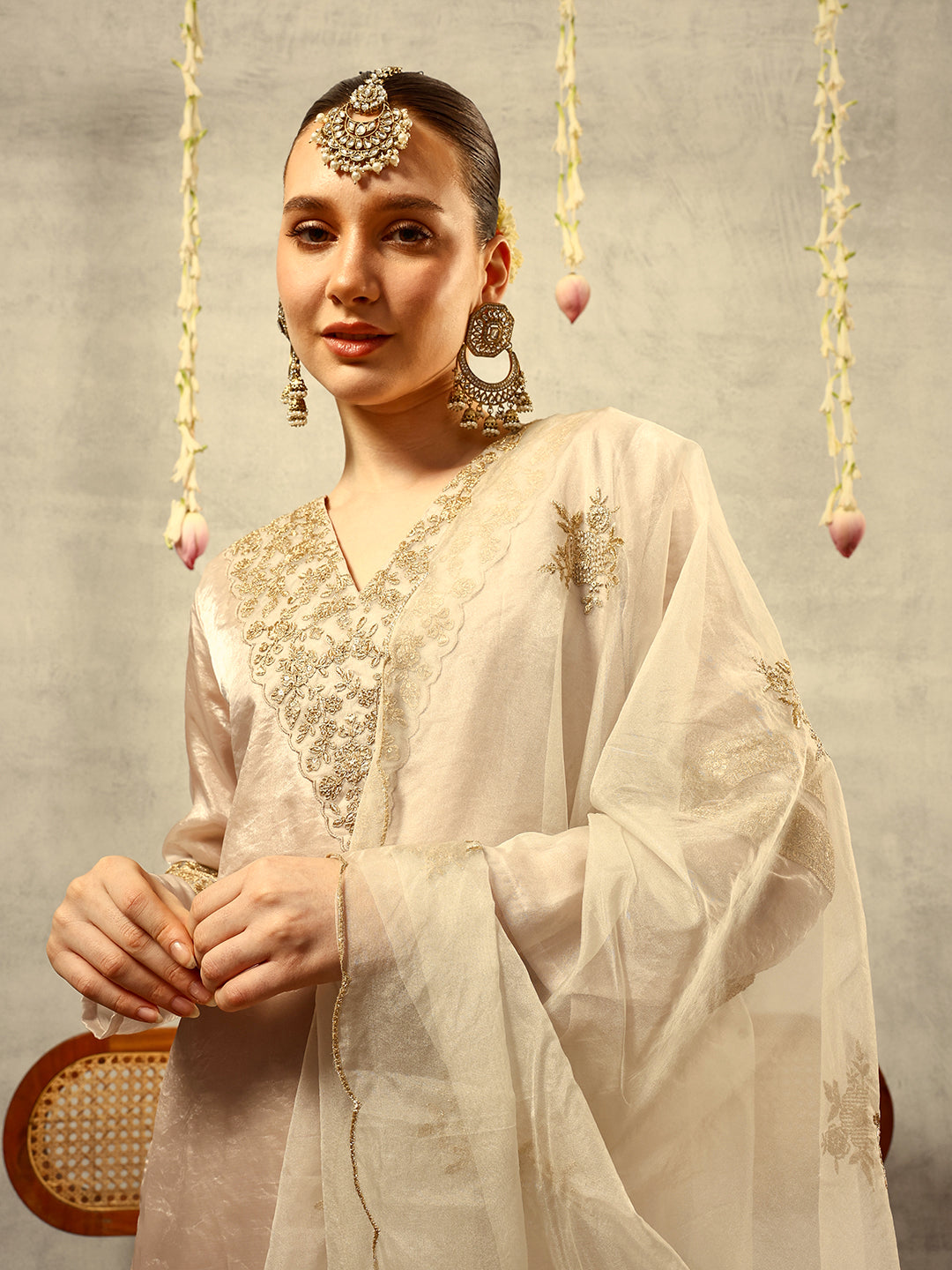 Cording & Zari Embroidered  Festive Kurta with Trouser & Embellished Dupatta