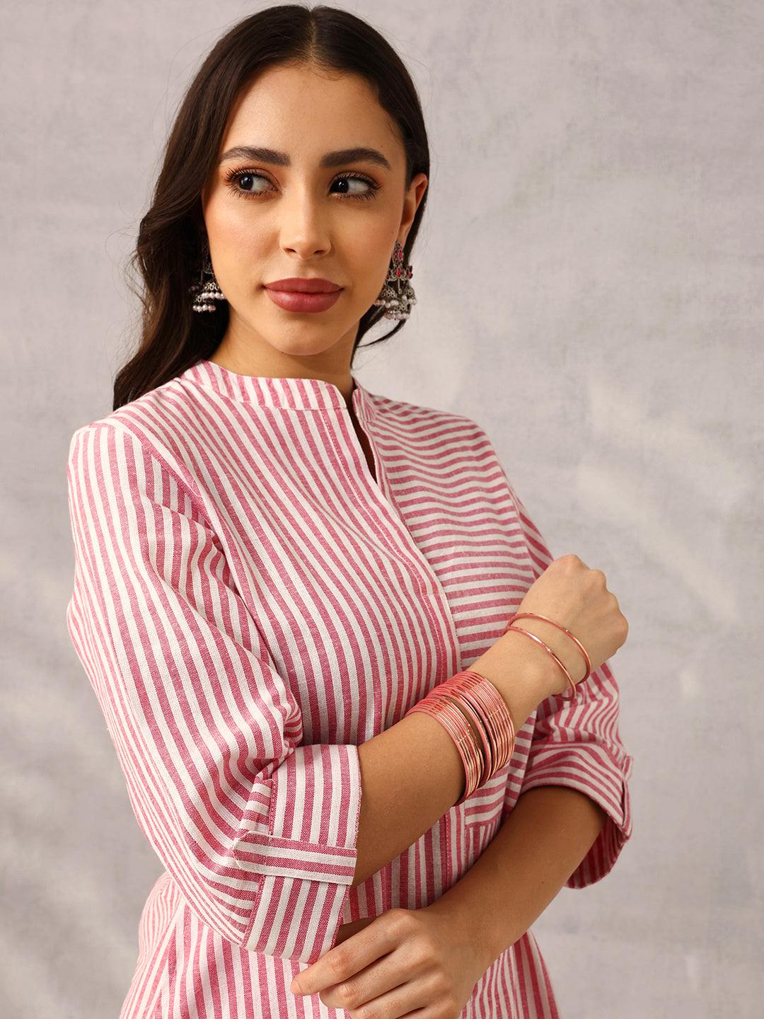 Pink and White Yarn Dyed Stripe Tailored Workwear Kurta