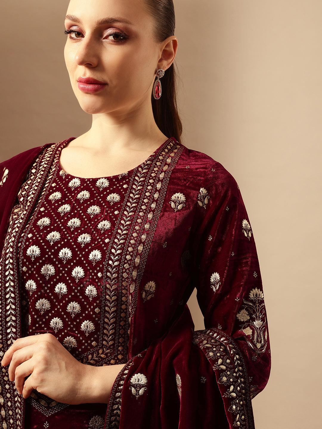 Rich Wine Velvet Gold Print Straight Kurta sets with dupatta