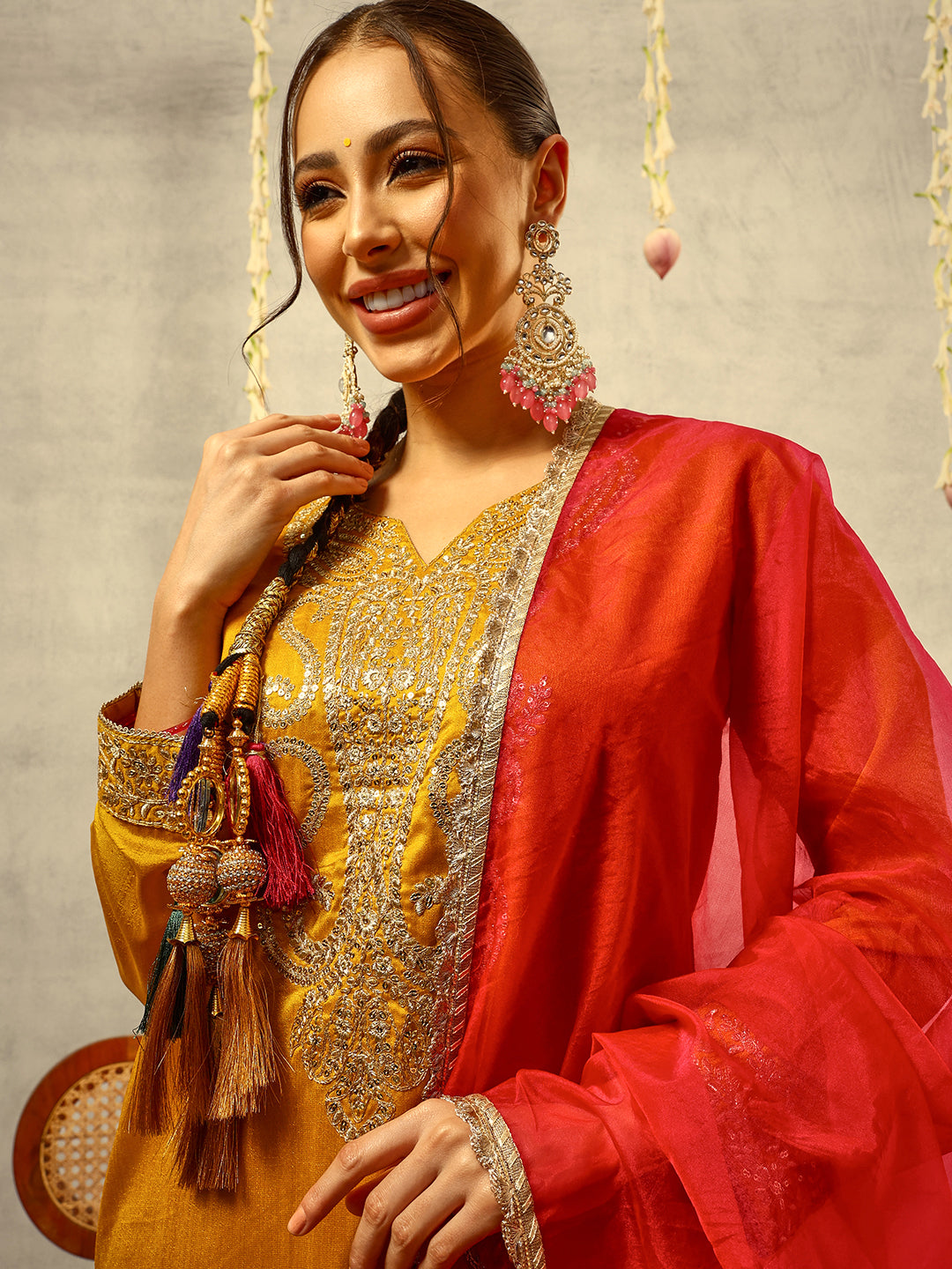 Mustard Cording & Zari Embroidered Festive Kurta with Trouser & full width Organza Dupatta