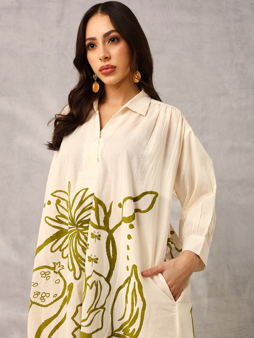 Ishin Off White  & Olive Relaxed Workwear Printed Kurta with Palazzo
