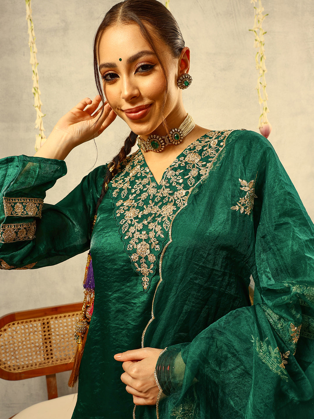 Green Cording & Zari Embroidered  Festive Kurta with Trouser & Embellished Organza Dupatta