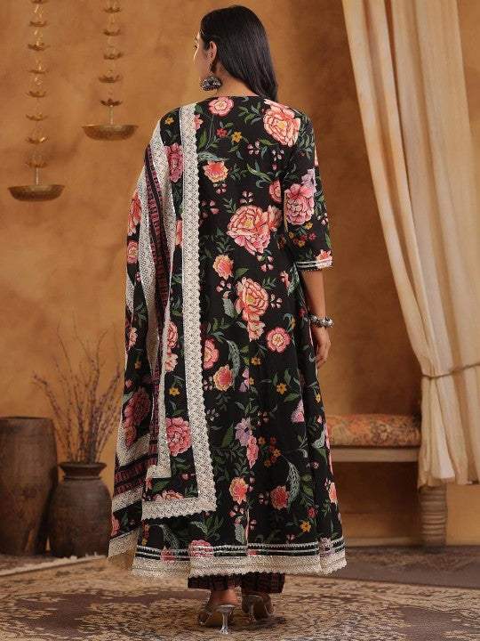 Graceful Black Cotton Floral Printed & Embroidered Angrakha Fit Kurta Set With Dupatta